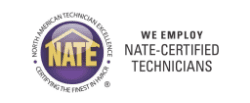 The image shows the NATE certification logo next to the text: "We employ NATE-certified technicians.