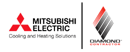 About us: Logos for Mitsubishi Electric Cooling and Heating Solutions and Diamond Contractor, featuring their respective symbols and text.