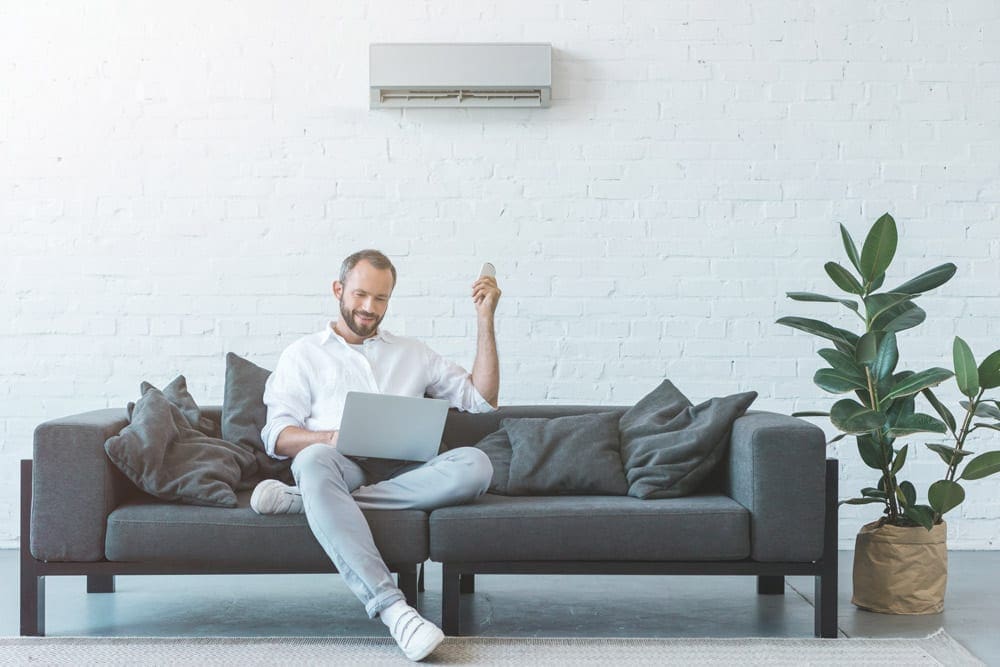 Man sitting on a dark grey sofa using a laptop, holding a remote control, with a plant and an air conditioning unit visible in a bright living room—perfect for summer days and finding ways to reduce air conditioning costs.