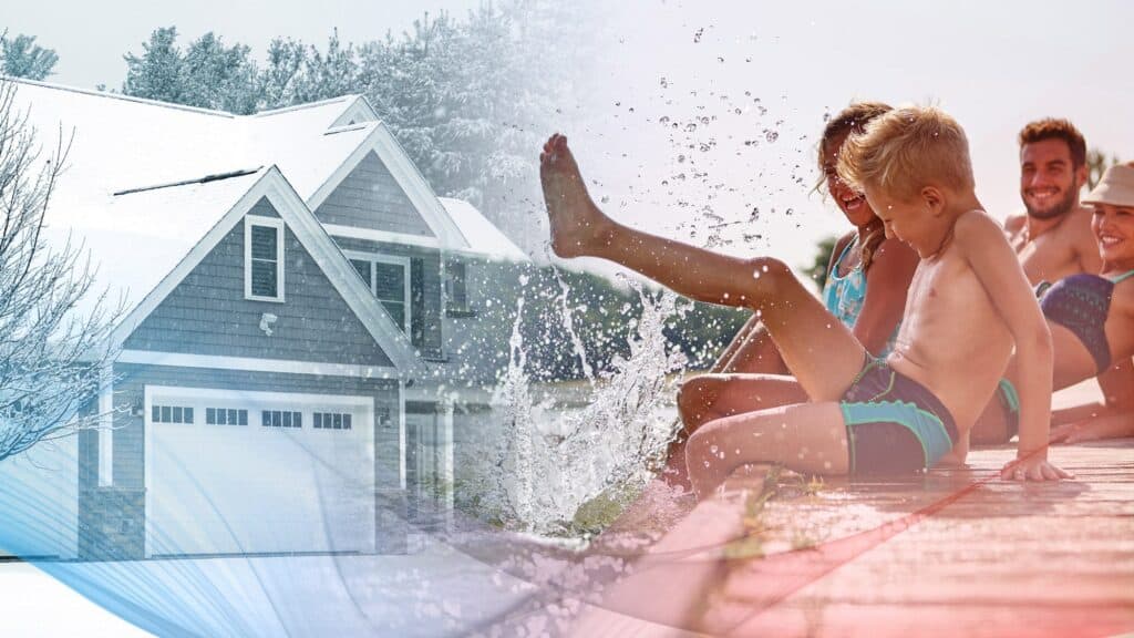 Split image showing a snowy house on the left and people splashing by a dock on the right, representing winter and summer—perfect for highlighting your winter vacation checklist or essential home preparation tips for the season.