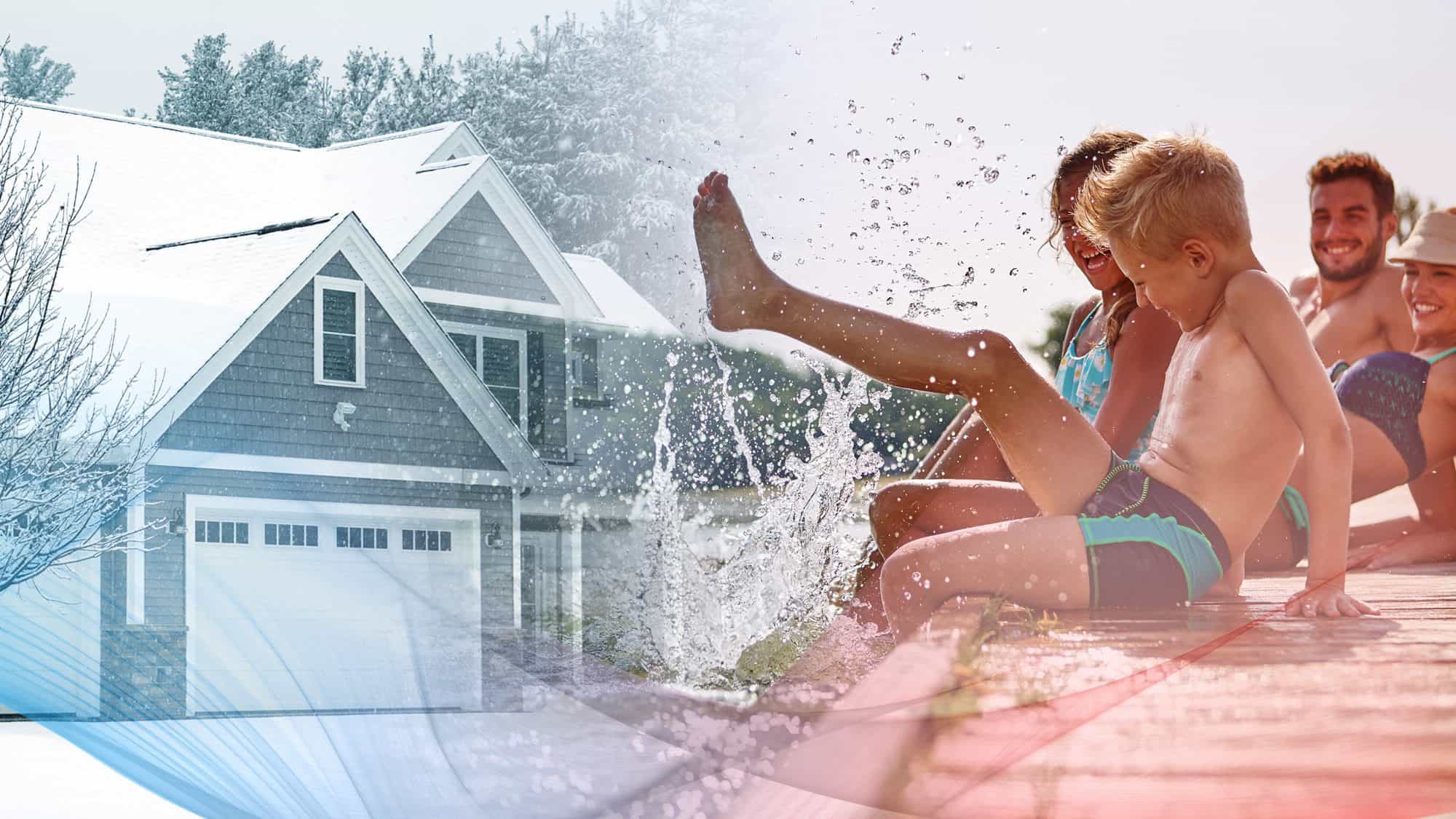 Split image showing a snowy house on the left and people splashing by a dock on the right, representing winter and summer—perfect for highlighting your winter vacation checklist or essential home preparation tips for the season.