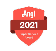 Red badge with "Angi 2021 Super Service Award" written in white and orange text, featuring a dark red ribbon across the center.