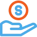 A blue hand icon holds an orange circle with a dollar symbol in the center, symbolizing receiving or giving money—ideal for illustrating 24/7 emergency service payments.