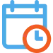 Blue calendar icon with a gray square in the center and an orange clock symbol overlapping the bottom right corner, representing 24/7 emergency service availability.