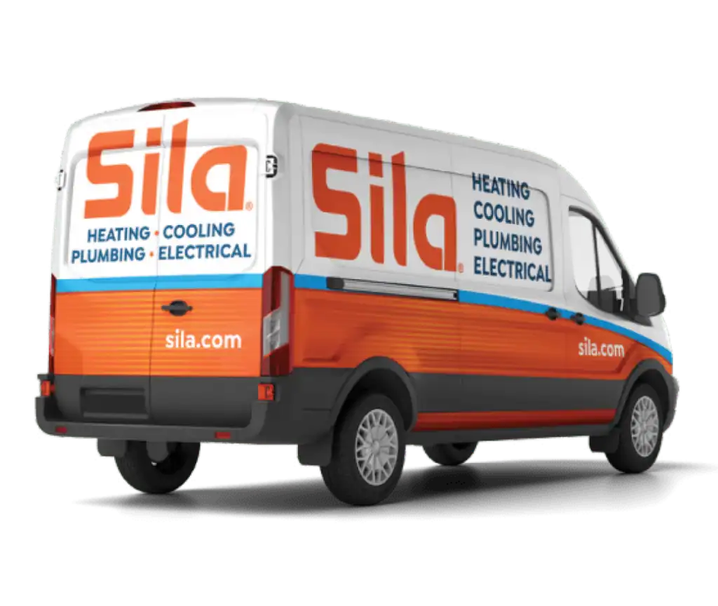 A white and orange van with "Sila" branding and text advertising heating, cooling, plumbing, and electrical services. The website sila.com is displayed on the vehicle.