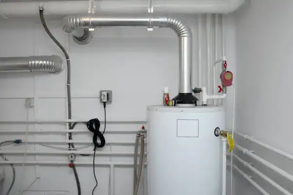 A water heater unit is installed in a utility room alongside visible pipes and ventilation ducts, similar to setups seen during furnace installation projects in Boston, MA.