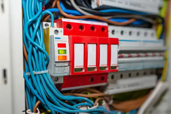 Close-up of an electrical panel in a Boston home, with blue wires connected to circuit breakers and surge protection installed, including a red indicator showing system status.