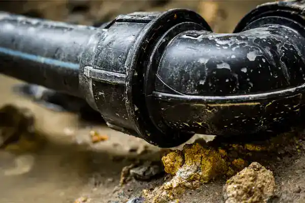 Close-up of a black plastic pipe with a curved joint, partially covered in dirt and surrounded by soil and rocks—a common sight during sewer line repair in Boston, MA.