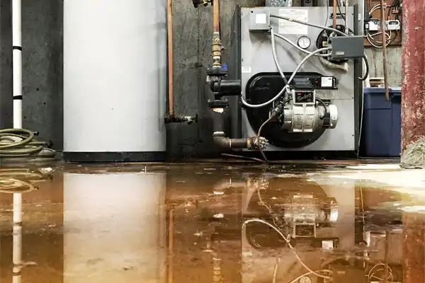 A flooded basement floor with standing water reflects a water heater, furnace, pipes, and equipment against a concrete wall—highlighting the urgent need for sump pump repair in Boston, MA.