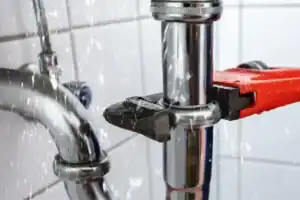 Water leaks from a metal pipe as a red pipe wrench is used to tighten a connection, possibly indicating the need for Repiping Installation; tiled wall in the background.