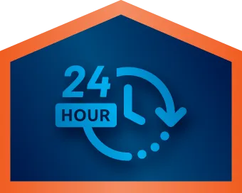 A blue and orange sign with a clock and arrow.