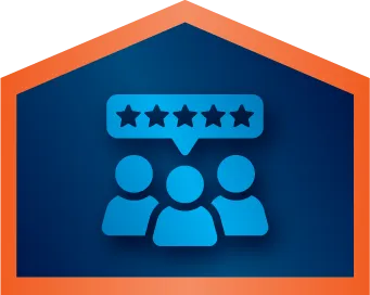 Icon of three people with a speech bubble above them displaying five stars, inside an orange-bordered house-shaped outline on a blue background.