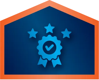 Blue badge with a check mark and ribbon under three stars, all inside an orange-outlined house-shaped frame on a dark blue background.