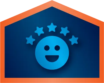 Blue smiling face icon with five stars above it, set against a dark blue background framed by an orange hexagonal border.
