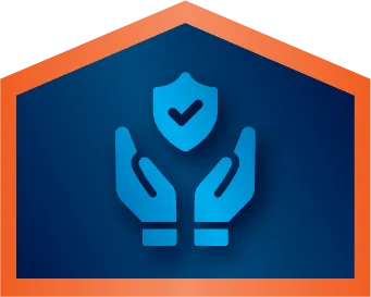 Two blue hands holding a shield with a checkmark inside, all enclosed within an orange-outlined hexagonal shape on a dark blue background.